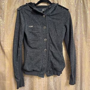 Y2K 2000s Fox Racing Charcoal Gray Button Up Hooded Sweater Womens Small‎